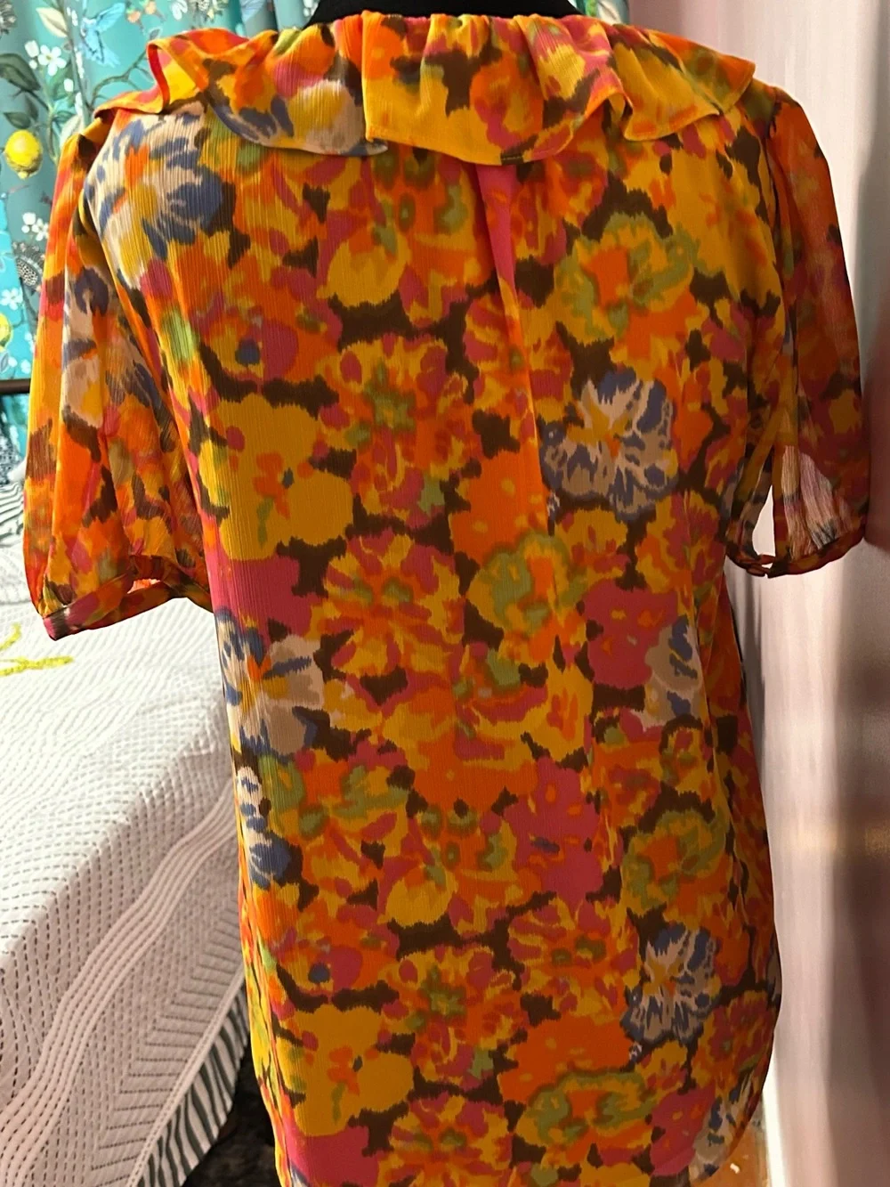 J. Crew Bright Yellow Orange & Pink Floral Ruffle Blouse